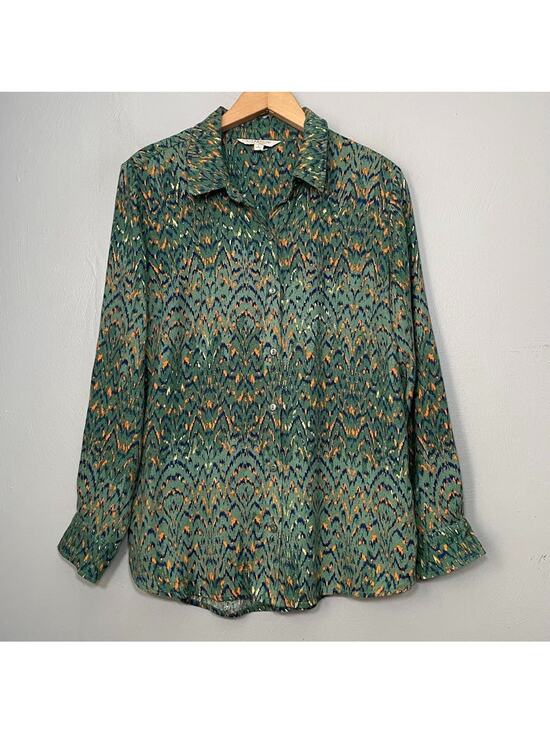 Liverpool Tops - Liverpool Button Up Shirt Size Small Emerald Ikat Earthy Green Woven Blouse Boho